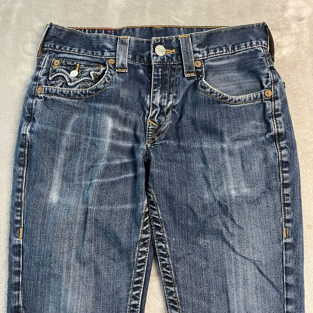 True Religion Straight Flap Pocket Blue Jeans 31x27 Faded Denim Distressed